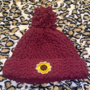 Burgundy Chunky Cable Knit Pom-Pom Flower Patch Winter Hat